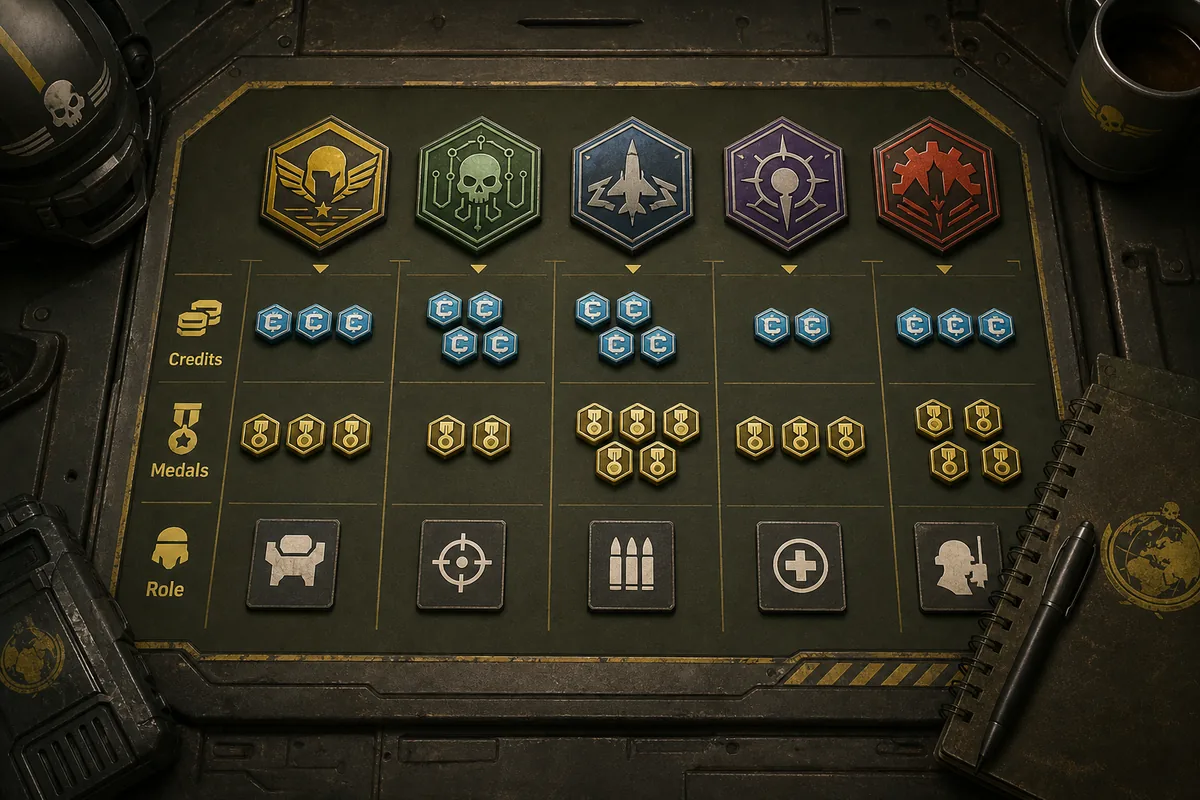Editoriales Taktikbrett zum Vergleich von Helldivers 2 Warbonds nach Credits, Medaillen und Rolle
