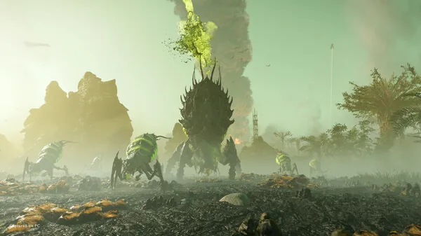 Captura oficial de Helldivers 2 de una escuadra ante un Terminid grande durante una misión
