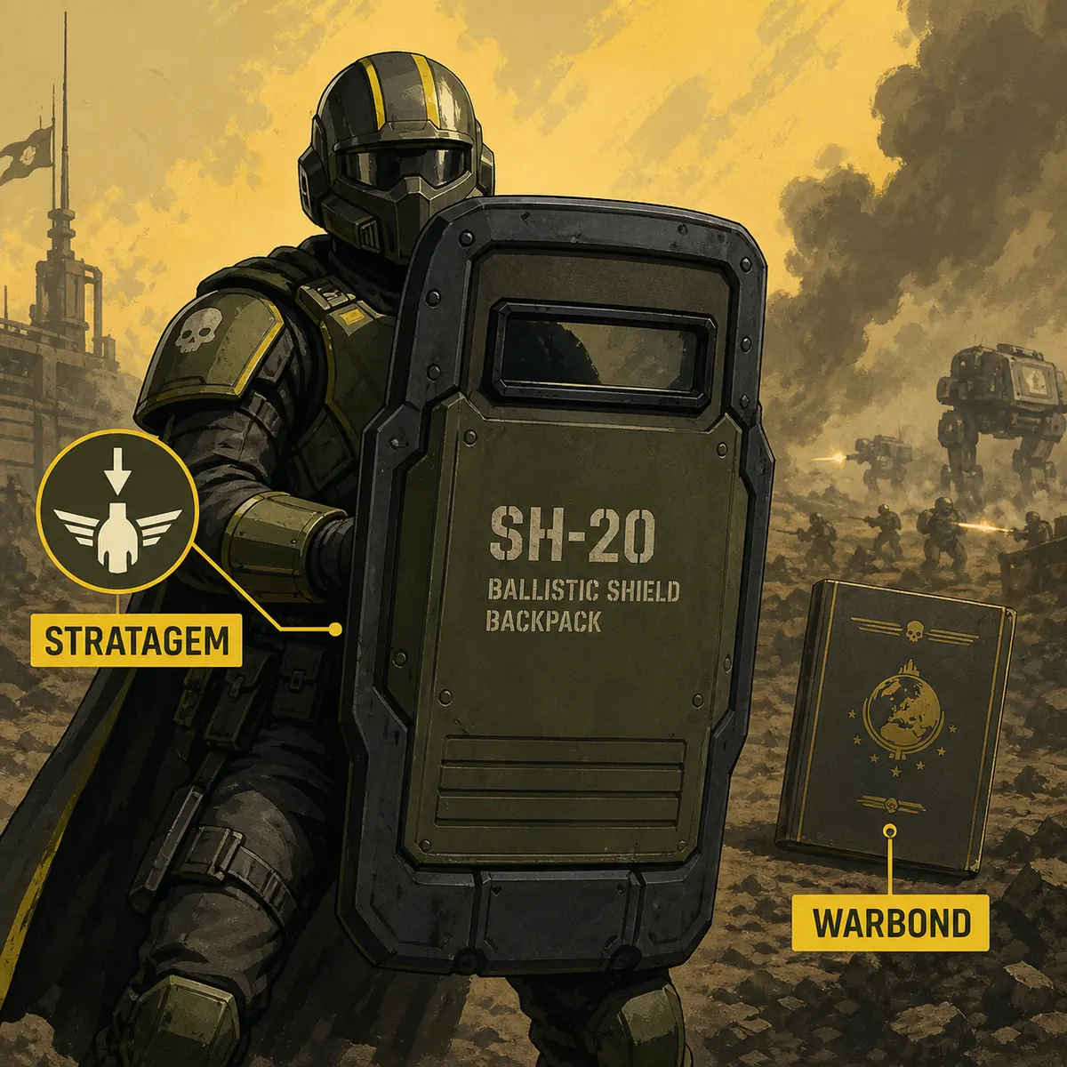 Editorial illustration separating the SH-20 Ballistic Shield Stratagem from a Helldivers 2 Warbond booklet