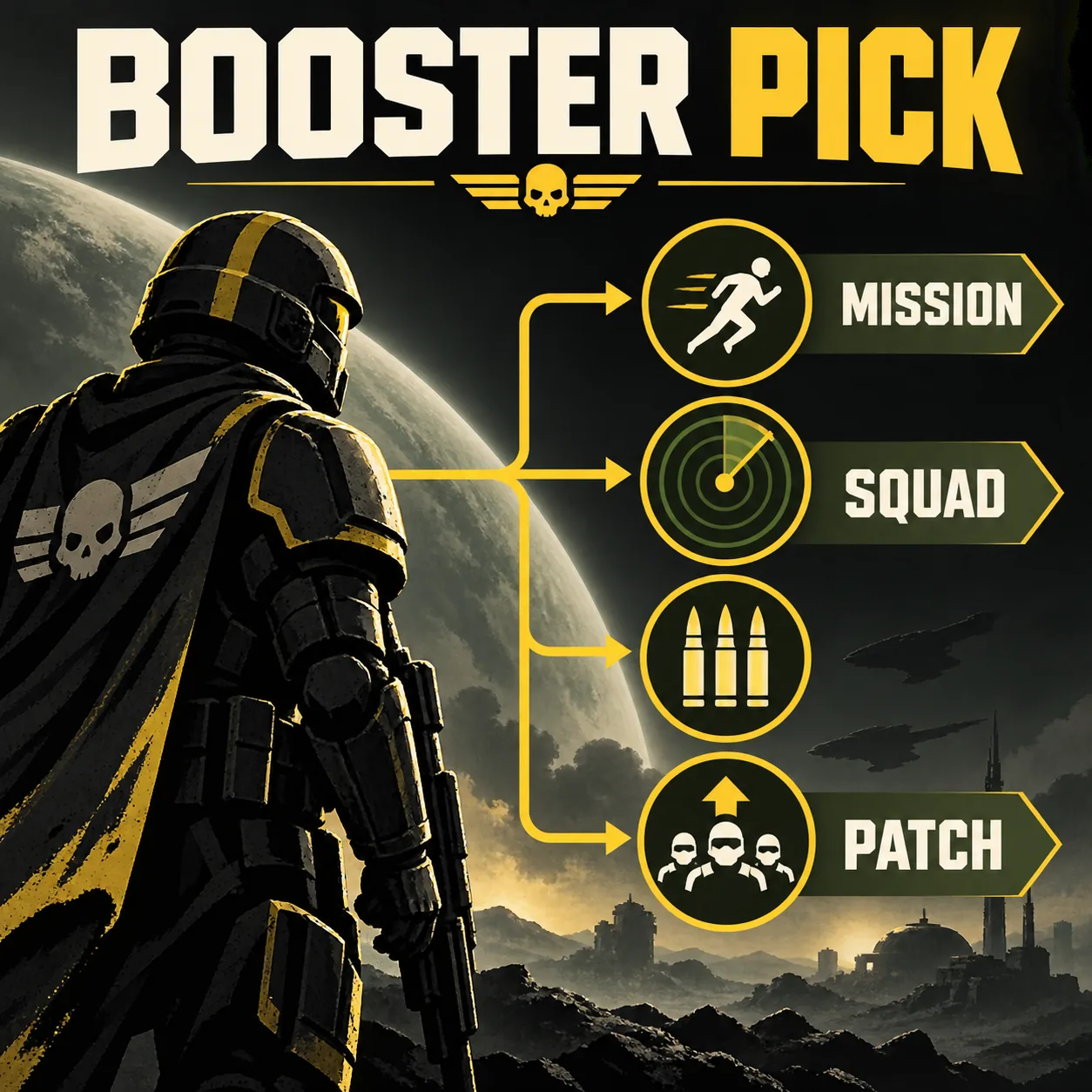 Editorial Helldivers 2 Booster selection diagram connecting mission, squad, and patch checks