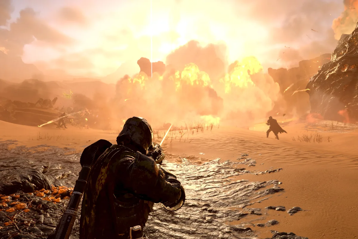 Official Helldivers 2 combat screenshot showing a diver fighting through a mission objective