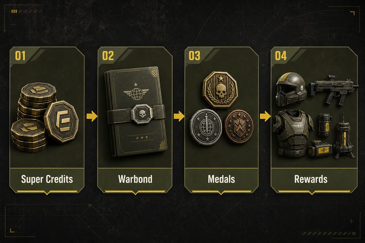 Editorial diagram showing the Helldivers 2 Warbond resource flow from Super Credits to Warbond, Medals, and rewards