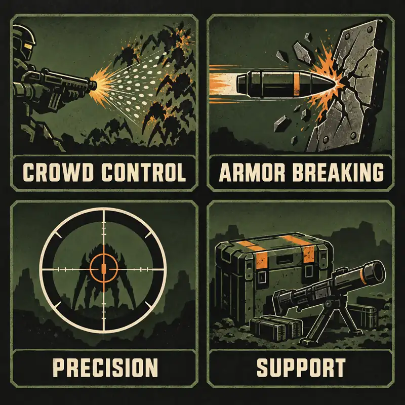 Diagrama editorial que separa control de masas, perforacion de armadura, precision y apoyo